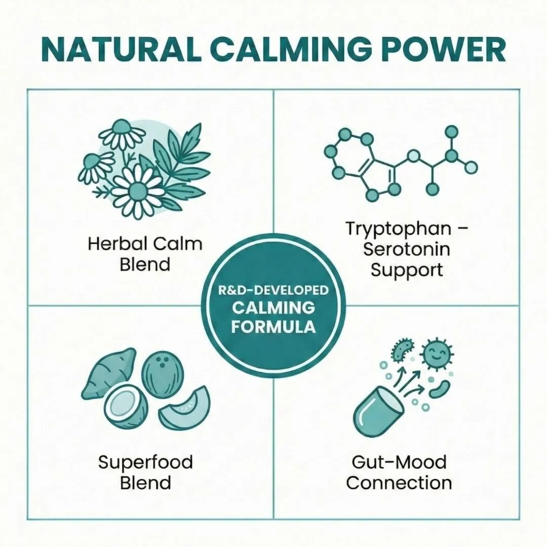 Natural calming power - herbal calm blend tryptophan serotonin support superfood gut-mood connection for dogs