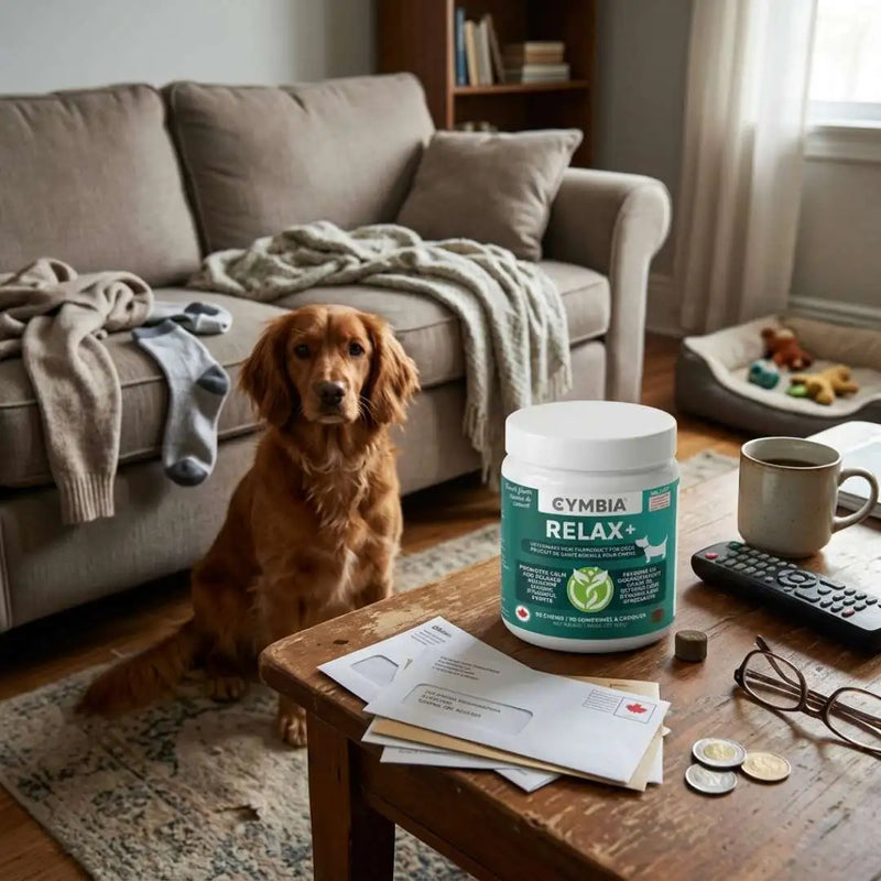 pet owner giving calming chew to dog for anxiety support at home